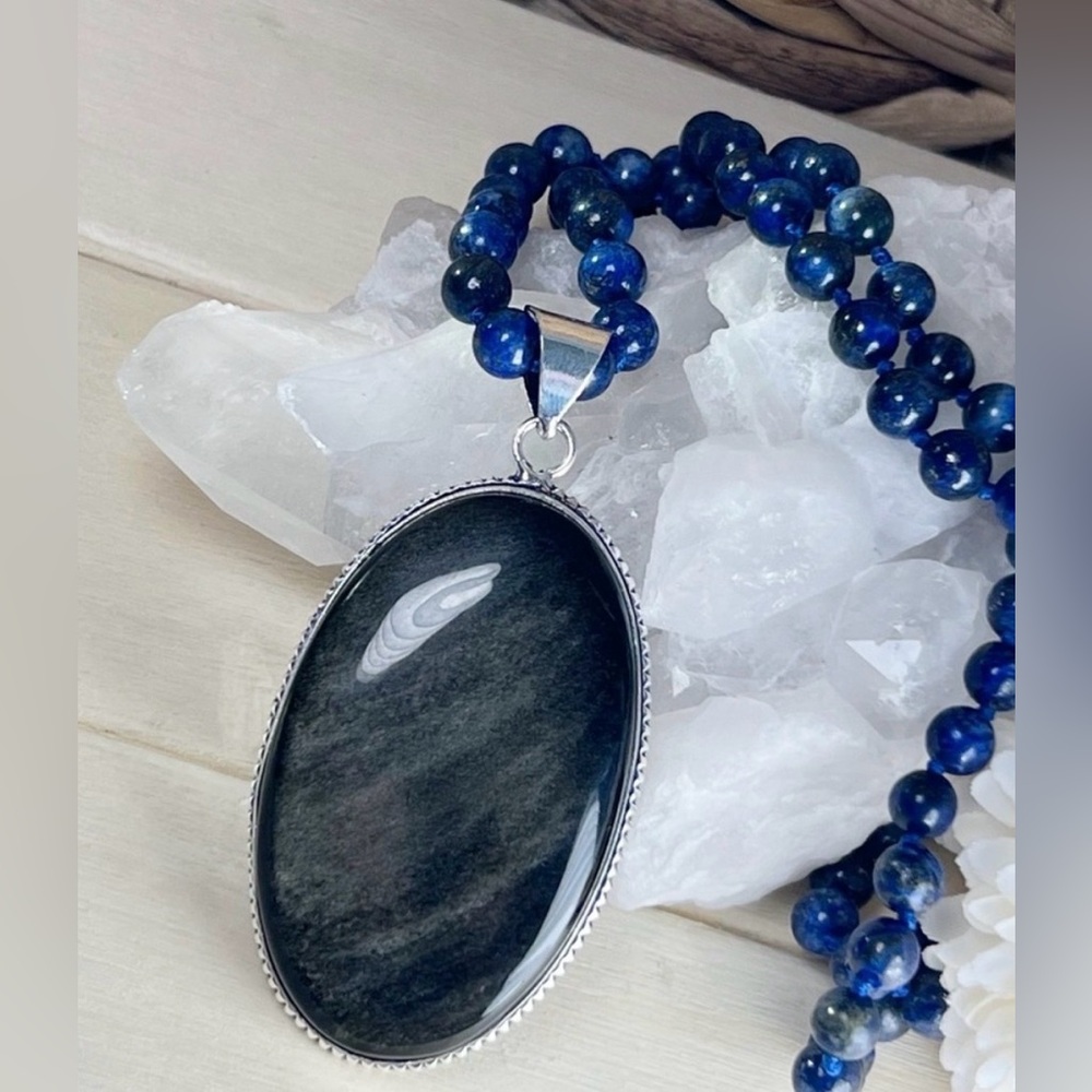 XL Gold Sheen Obsidian Big 925 Pendant Lapis Lazuli Gemstone Bead Necklace Chain - Picture 6 of 8